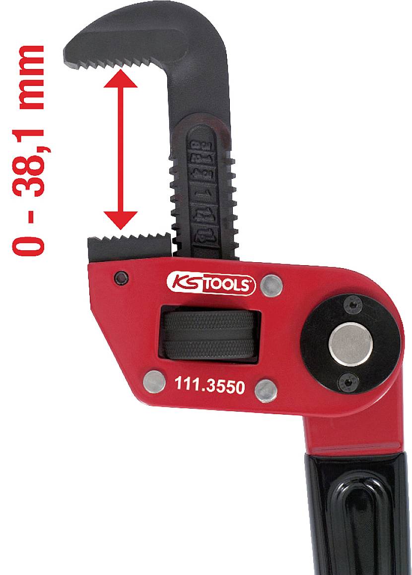 Rote Rohrzange mit verstellbarem Kiefer. Öffnungsweite: 0 bis 38,1 mm. Marke: KS Tools.