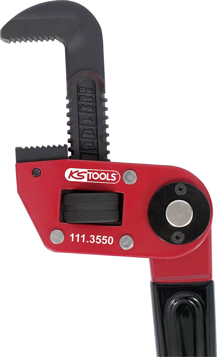 Rohrzange mit rotem Griff und verstellbarem Schiebemechanismus, geeignet für verschiedene Rohrdurchmesser.