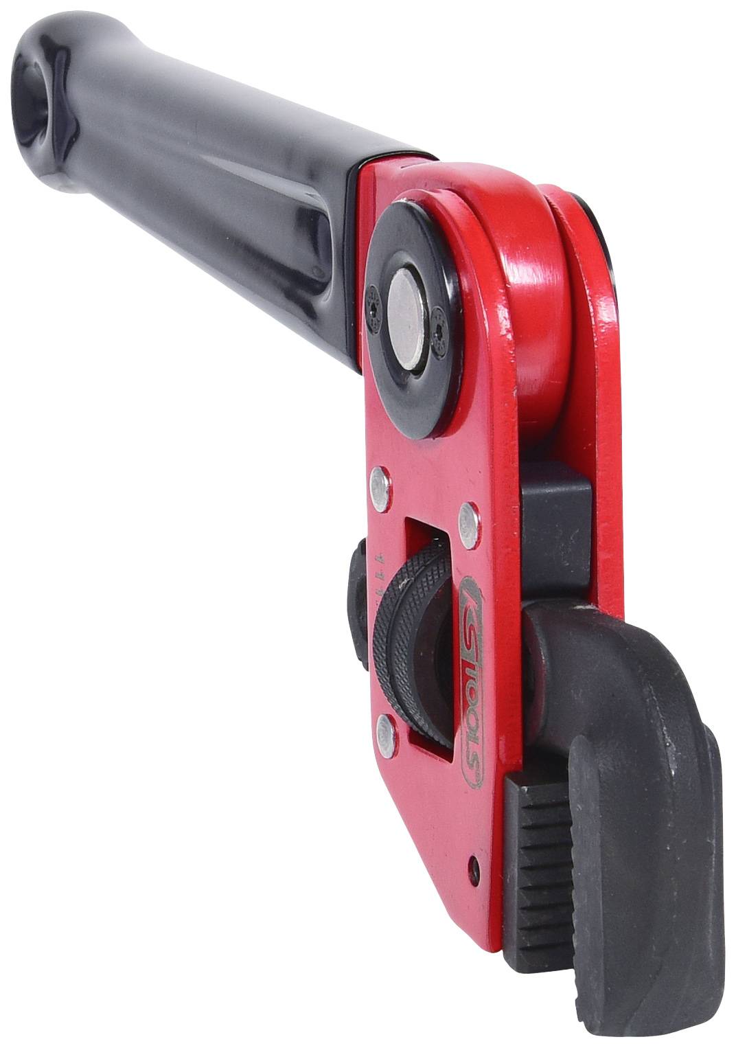 Rohrzange aus Metall und Kunststoff, geeignet zum Greifen und Drehen von Rohren oder Armaturen.