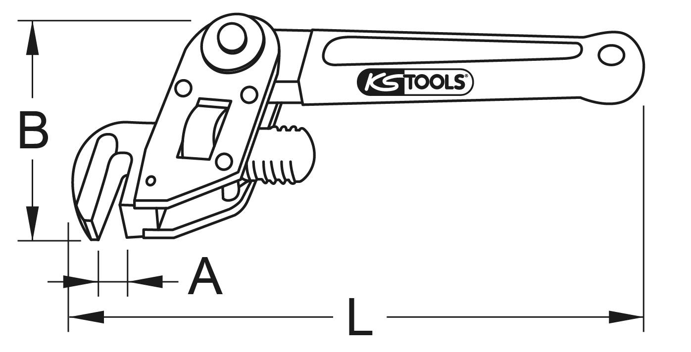 Eine technische Zeichnung eines Stillson-Schraubenschlüssels mit den Maßen A, B und L.