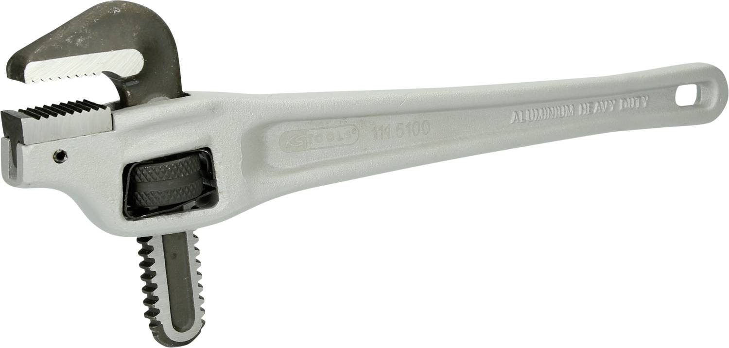 Ein verstellbarer Rohrschlüssel aus Metall mit gezacktem Greifmaul zur Verwendung bei Klempnerarbeiten oder zum Festziehen von Rohren.