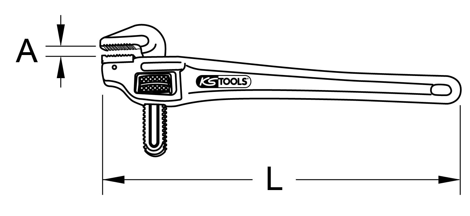 Abbildung eines Rohrschlüssels mit verstellbarem Kiefer, bezeichnet mit 'A' für Öffnung, 'L' für Länge. Markenname 'KS Tools'.