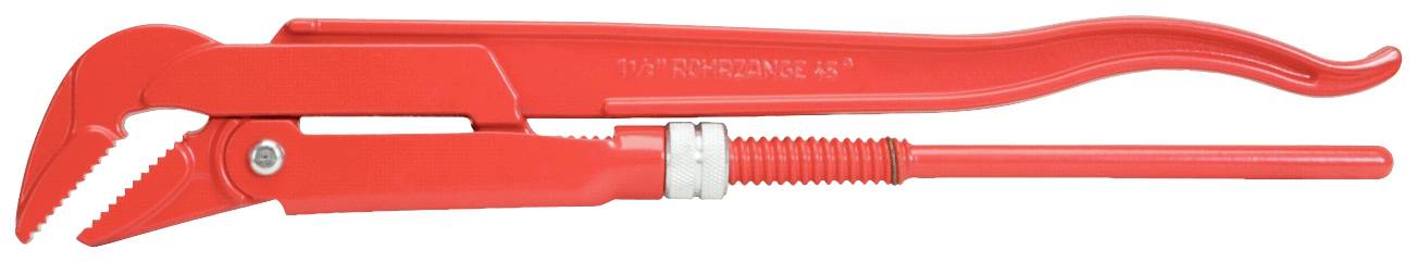 Rote Rohrzange mit langem Griff und gezahnter Backe, oft zum Greifen und Drehen von Rohren in Installationsarbeiten verwendet.