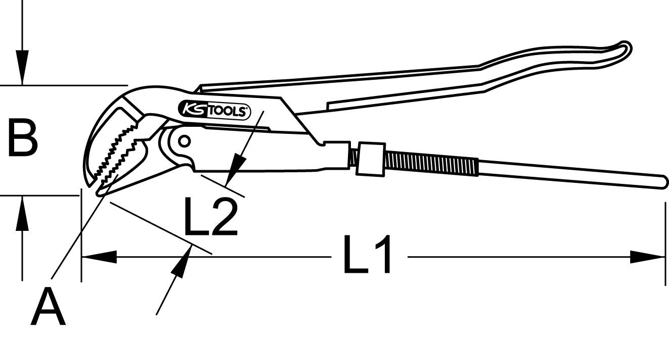 Ein technisches Diagramm einer Wasserpumpenzange mit Längenangaben L1, L2 und den Breiten A und B.