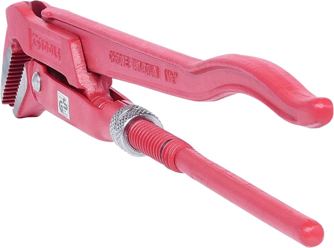 Rote Rohrzange, Griff geöffnet, robustes Metallwerkzeug, geeignet zum Greifen und Drehen von Rohren oder abgerundeten Objekten.