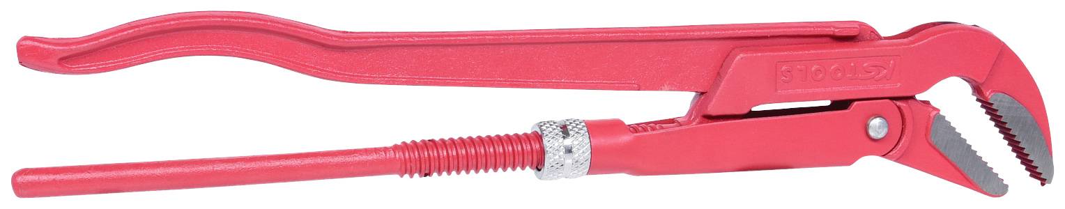 Rote Rohrzange mit geriffeltem Griff und verstellbarem Kopf. Ideal für Arbeiten an Rohren und Sanitärinstallationen.