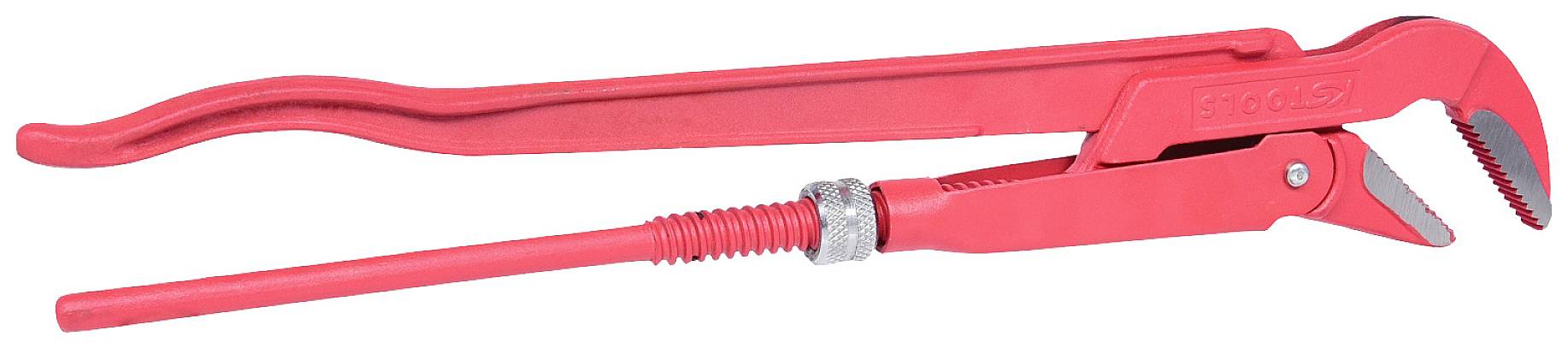 Rote Rohrzange mit verstellbarem Griff und gezahntem Kiefer, verwendet zum Greifen und Drehen von Rohren und Armaturen.