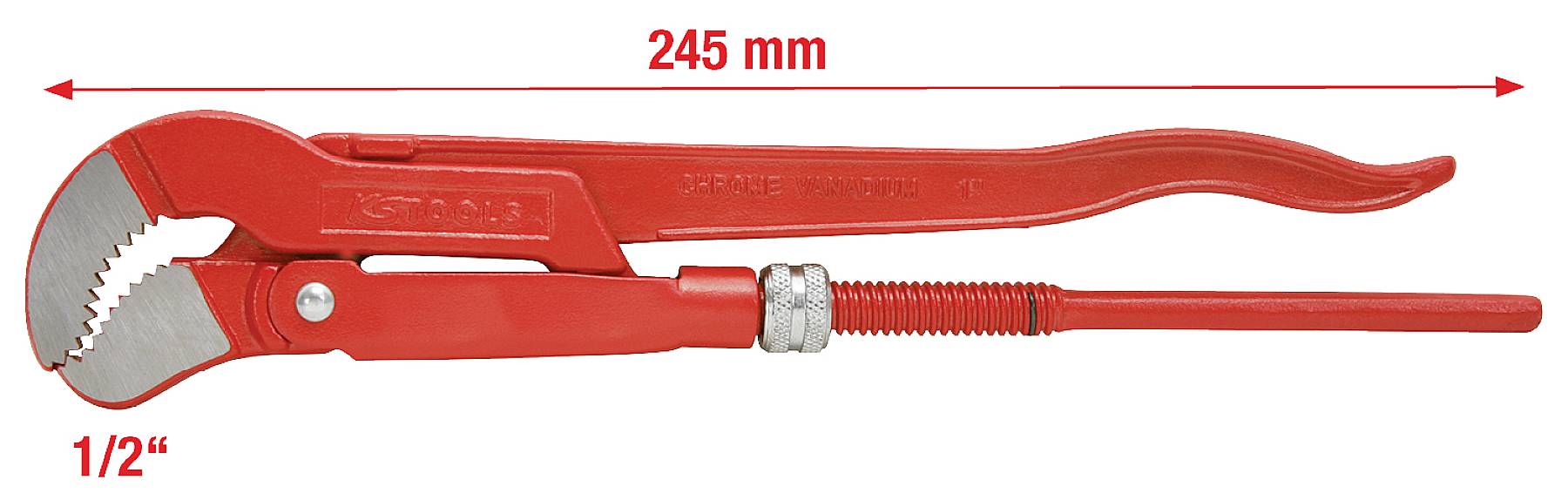 Rote Rohrzange aus Metall, 245 mm lang, Zahnbacken und Einstellmechanismus, dargestellt auf weißem Hintergrund.