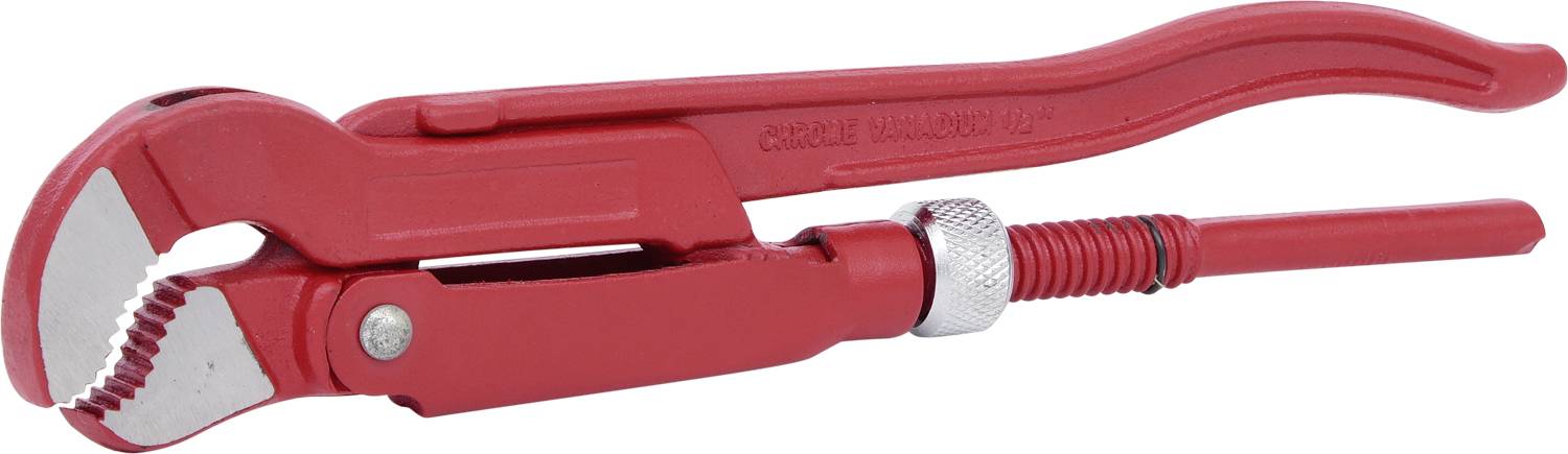 Rote Rohrzange mit verstellbarem Kiefer, hauptsächlich für Sanitärarbeiten verwendet, liegt flach von der Seite betrachtet.