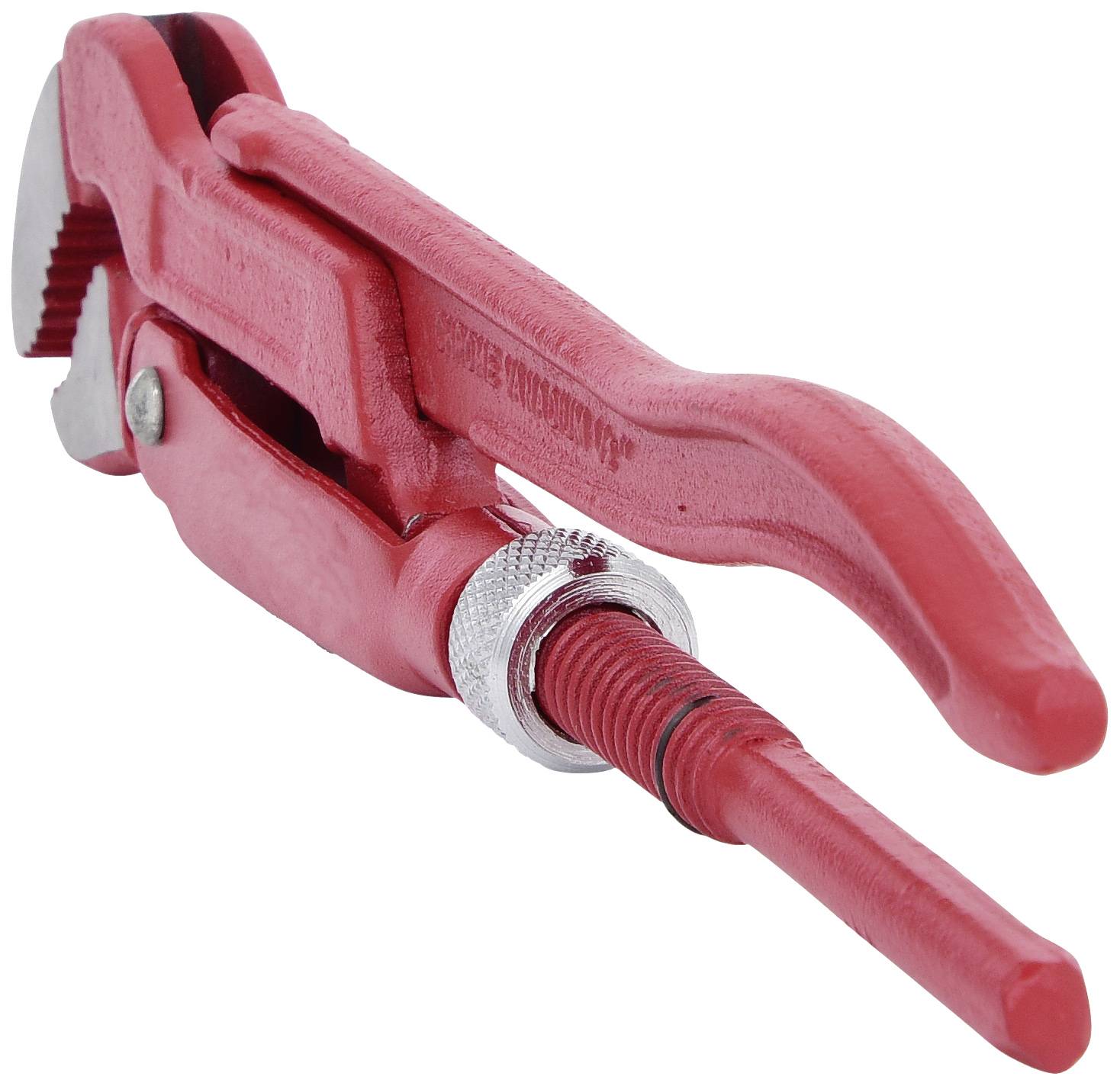 Rote Rohrzange auf weißem Hintergrund. Werkzeug mit verstellbarem Kopf, verwendet für das Greifen und Drehen von Rohren.