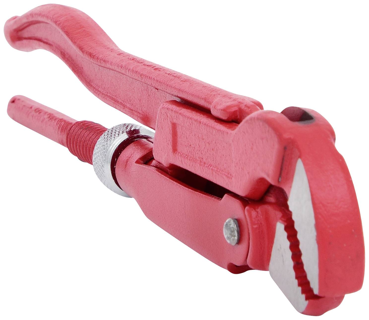 Rote Wasserpumpenzange mit gezacktem Kiefer zum Greifen von Rohren und runden Objekten.