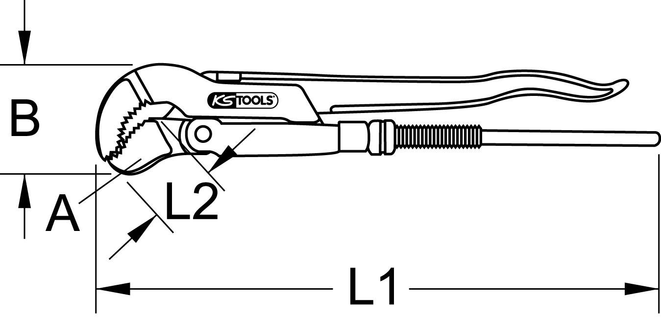 Technische Zeichnung einer Rohrzange. Markierungen: Länge (L1, L2) und Dimensionen (A, B) zur Darstellung der Größe und Form.