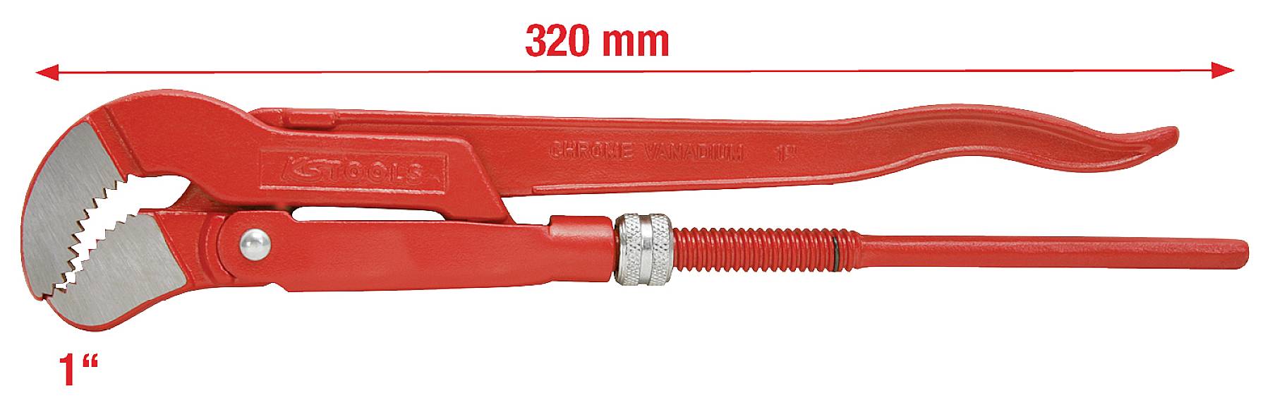 Rote Rohrzange mit einer Länge von 320 mm und einer einstellbaren Größe von 1 Zoll. Geeignet zum Greifen und Drehen von Rohren.
