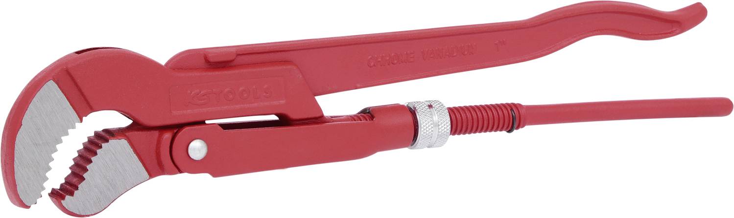 Rote Wasserpumpenzange mit gebogenen Griffen, geeignet zum Greifen und Drehen von Rohren und anderen zylindrischen Gegenständen.