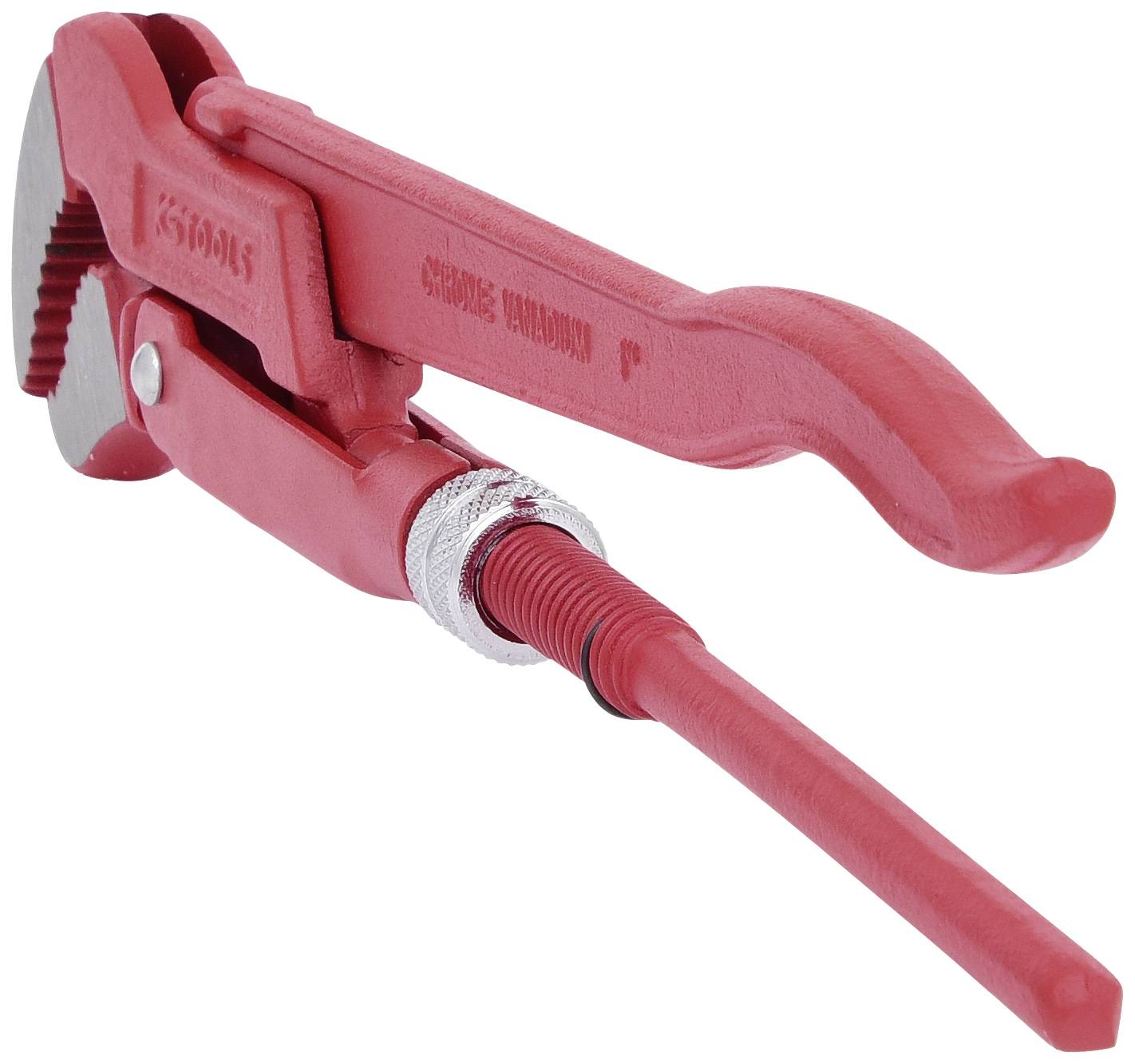 Eine rote Rohrzange mit verstellbarem Griff, geeignet für Arbeiten an Rohren und anderen runden Objekten.