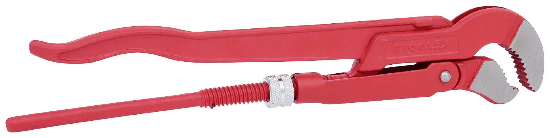 Rote Rohrzange mit justierbarem Griff und gezahnten Backen, geeignet zum Greifen und Festhalten von Rohren und runden Objekten.
