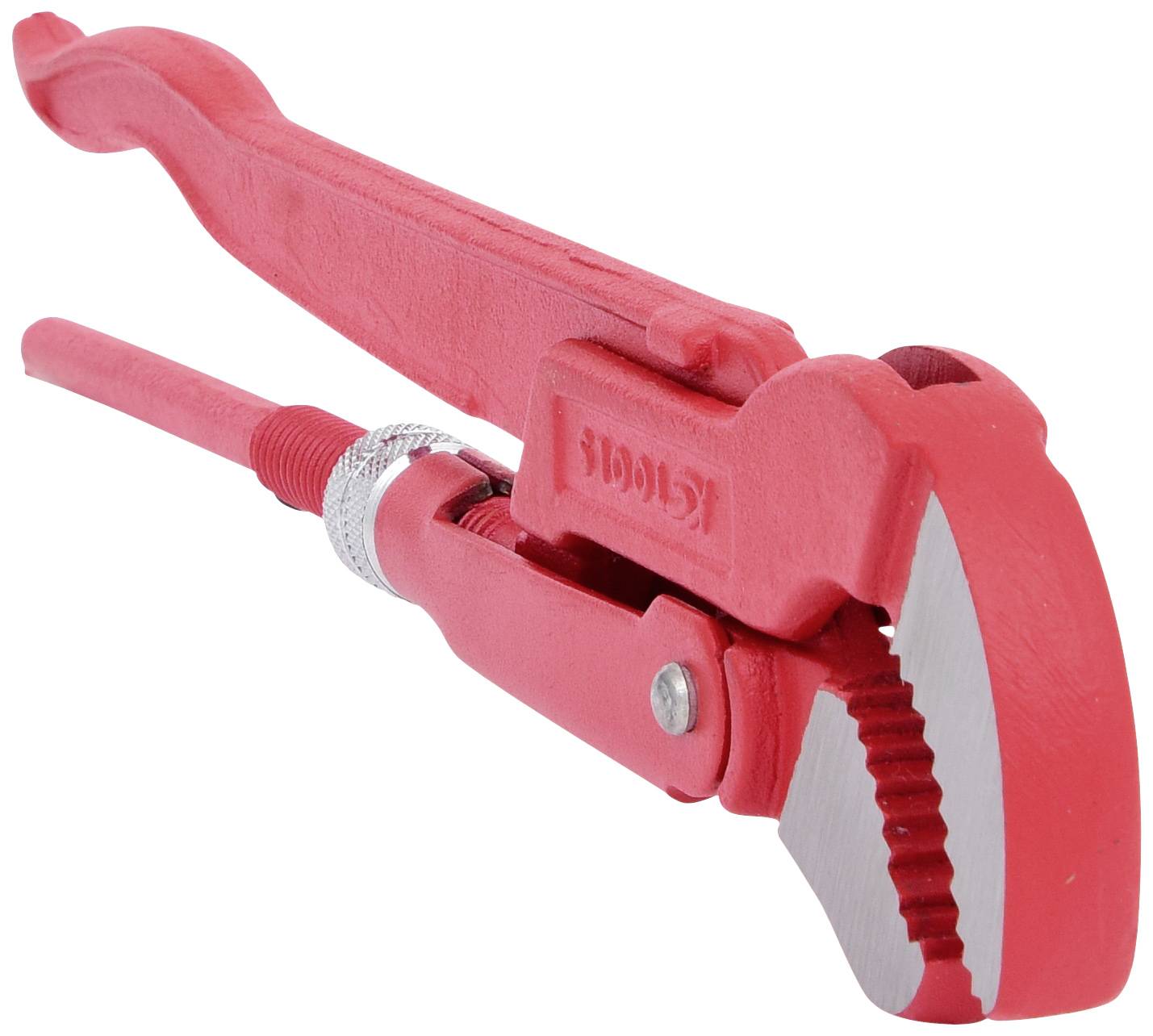 Ein roter Rohrschlüssel, ideal zum Festziehen oder Lösen von Rohren und Ventilen in der Sanitärinstallation.