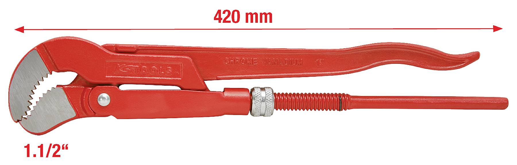 Rote Rohrzange, Gesamtlänge 420 mm, mit gebogenem Griff und verstellbarem Backenabstand, geeignet für Rohre mit 1,5 Zoll Durchmesser.