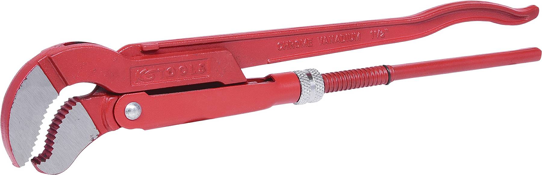 Eine rote Rohrzange mit verstellbarem Griff und gezahnten Backen zur Greif- und Haltefunktion, ideal für Sanitärarbeiten.