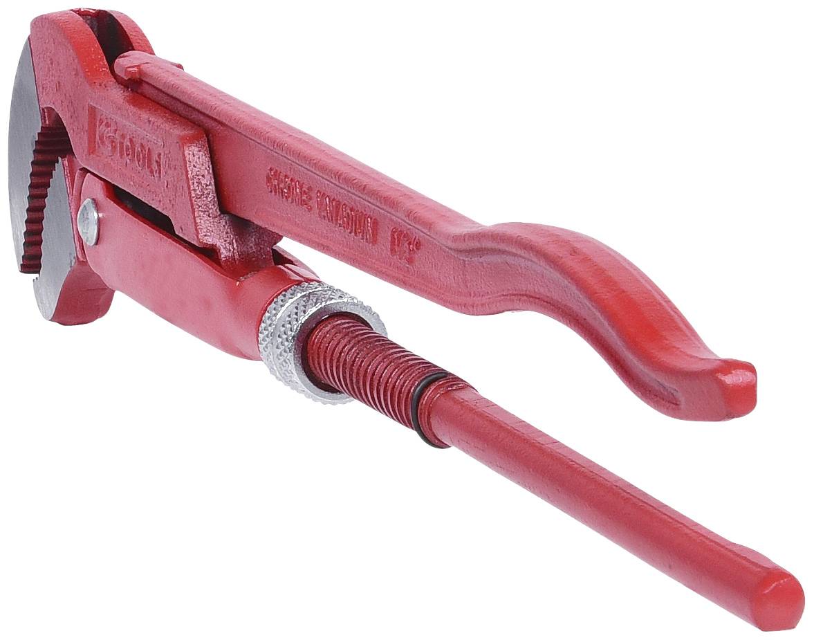 Rote Rohrzange aus Metall, mit geriffeltem Griff und verstellbarem Schraubmechanismus, auf weißem Hintergrund.