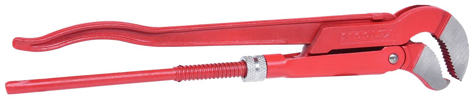 Rote Rohrzange mit verstellbarem Kopf und langem Griff auf weißem Hintergrund, oft verwendet in der Sanitärinstallation.