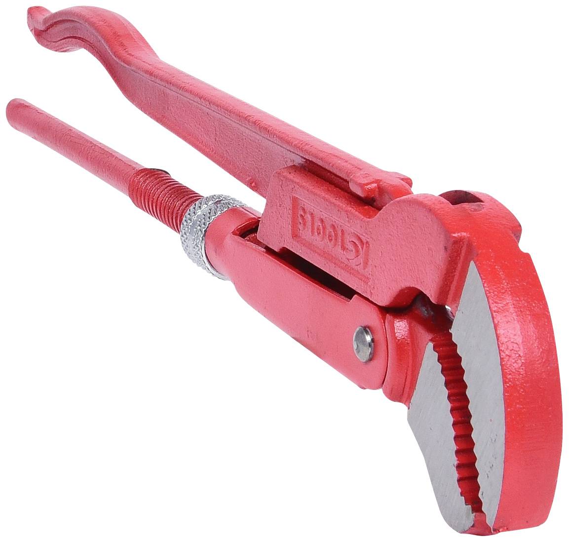 Rote Rohrzange mit gezacktem Kiefer und einstellbarer Schraube. Geeignet für Sanitärarbeiten und zum Festhalten von Rohren.