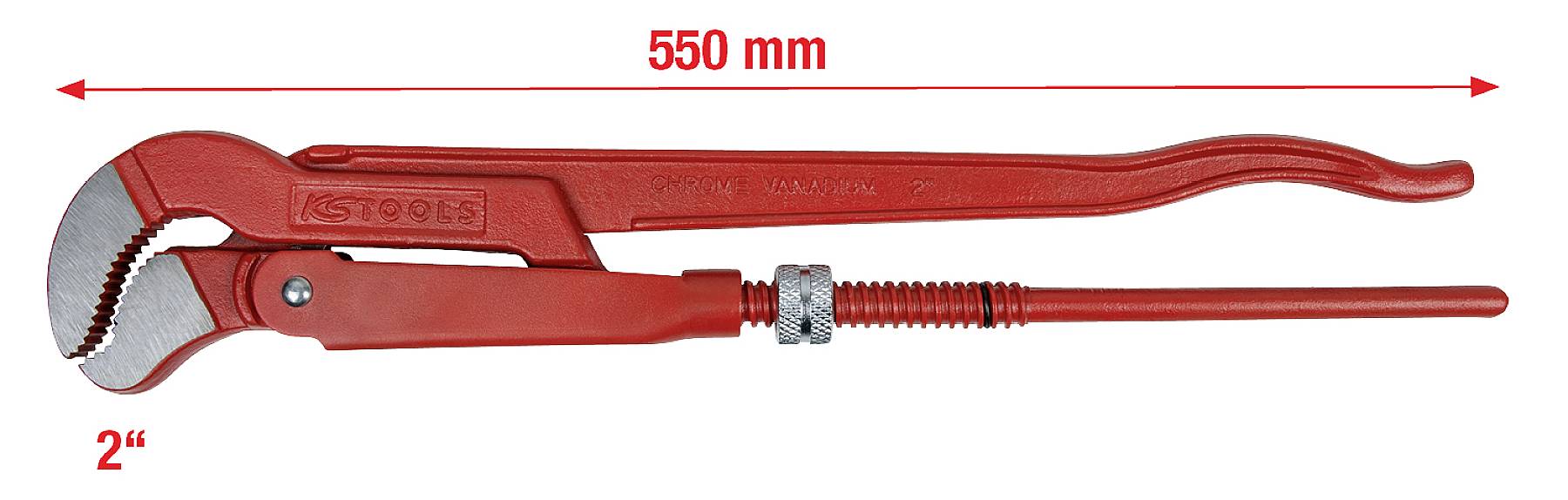 Rote Rohrzange mit einer Gesamtlänge von 550 mm. Der Spannbereich ist mit 2 Zoll angegeben. Die Zange ist aus Metall.