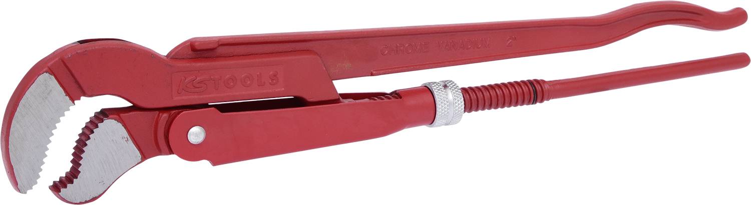 Rote Rohrzange mit geriffelten Greifbacken und verstellbarem Drehmechanismus, ideal zum Greifen und Halten von Rohren.