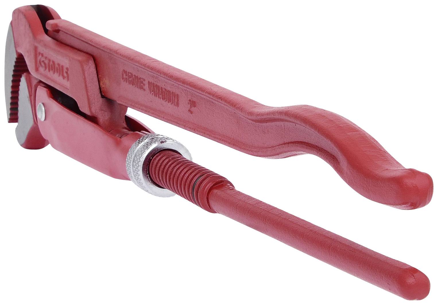 Großer roter Rohrschlüssel, geeignet für Arbeiten an großen Rohrleitungen, mit verstellbarem Mechanismus und gezahnter Halterung.