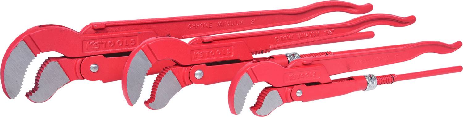 Drei rote Rohrzangen unterschiedlicher Größe aufgereiht, jeweils mit verstellbarem Griff und gezahnten Backen zum Greifen von Rohren.