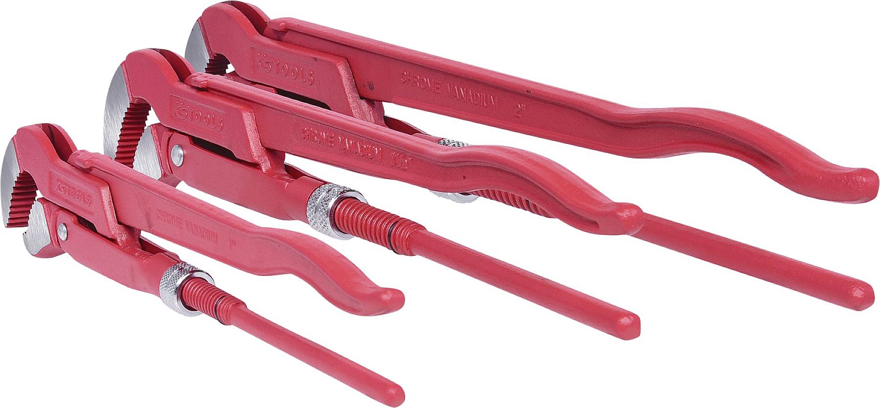 Drei rote Rohrzangen in verschiedenen Größen, nebeneinander liegend. Alle haben einen einstellbaren Drehmechanismus und geriffelte Backen.