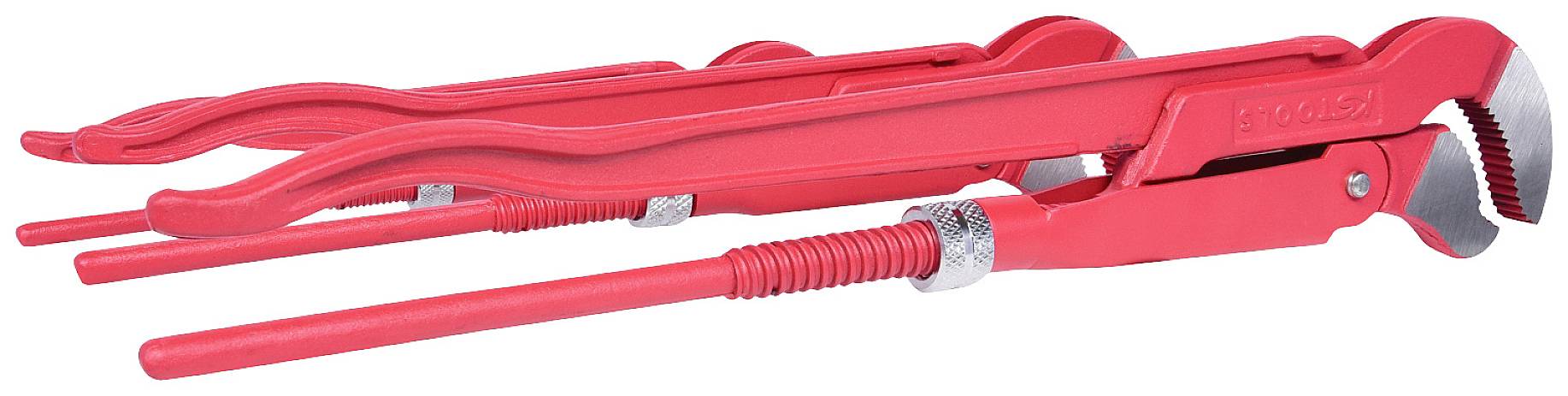 Drei rote Rohrzangen in unterschiedlicher Größe, nebeneinander liegend. Sie haben gezahnte Backen und sind verstellbar.