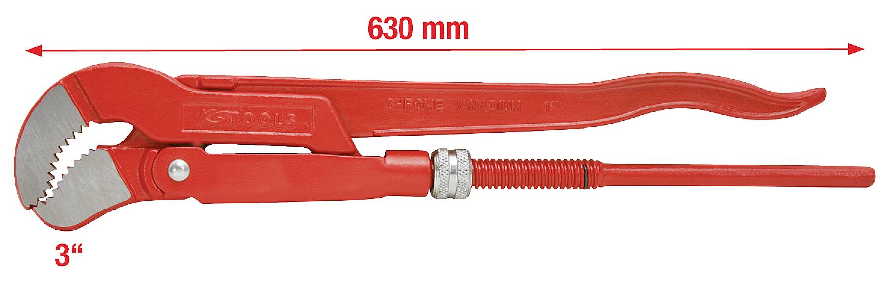 Eine rote Rohrzange, 630 mm lang, mit einer Kieferöffnung von 3 Zoll.