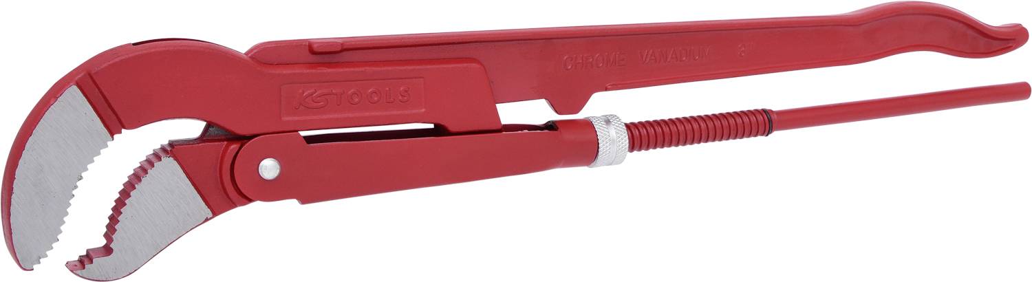 Rote Rohrzange aus Metall, in geöffneter Position.