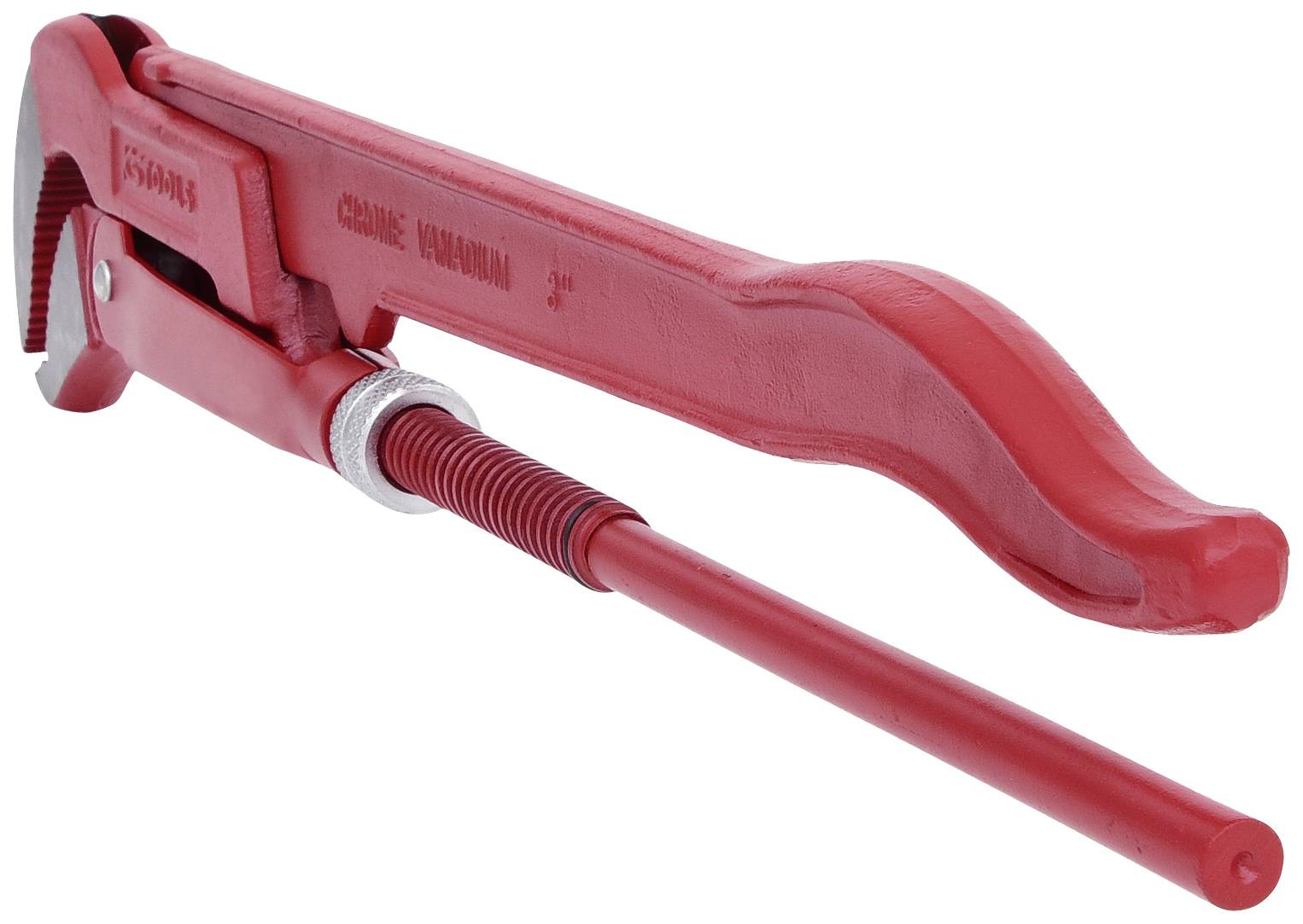 Rote Rohrzange aus Metall, geöffnet und seitlich liegend, zeigt den gezahnten Maulbereich und Griff mit Drehmechanismus zur Größenanpassung.