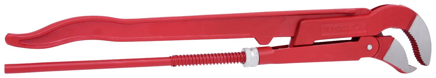 Rote Rohrzange mit geschwungenem Griff, geeignet zum Greifen und Drehen von Rohren.