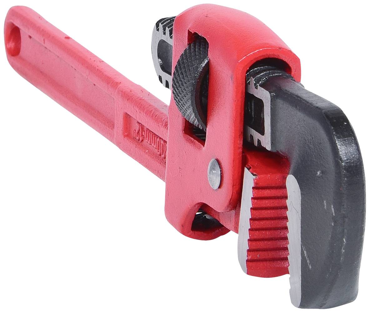 Ein roter Rohrschlüssel aus Metall, mit einem verstellbaren Kiefer zum Greifen von Rohren und anderen runden Objekten.