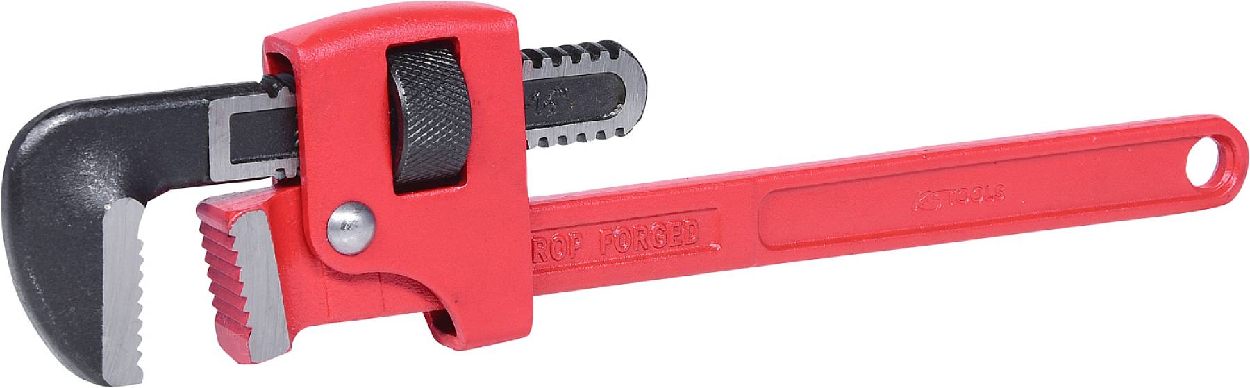 Ein roter Rohrschlüssel mit verstellbarem Kiefer, der zum Festziehen oder Lösen von Rohren und Verbindungen verwendet wird.