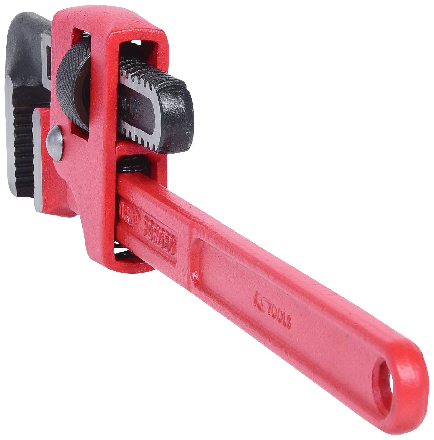 Rote Rohrzange aus Metall, auf weißem Hintergrund liegend. Sie wird oft für Klempnerarbeiten verwendet.