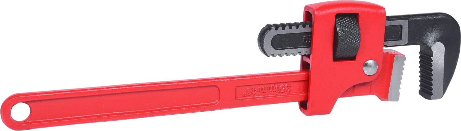 Rote Rohrzange mit verstellbarem Griff, geeignet zum Greifen und Drehen von Rohren und anderen zylindrischen Objekten.