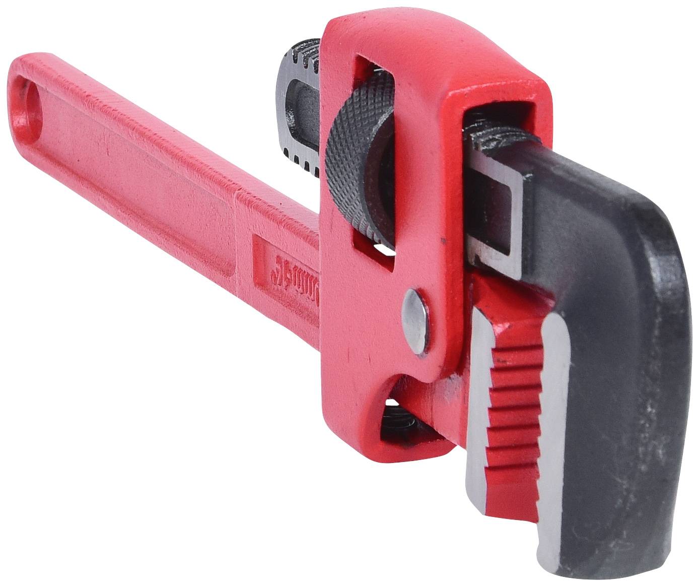 Rote Rohrzange mit schwarzem Griff und verstellbarem Kiefer. Werkzeug zur Installation und Reparatur von Rohrleitungen.