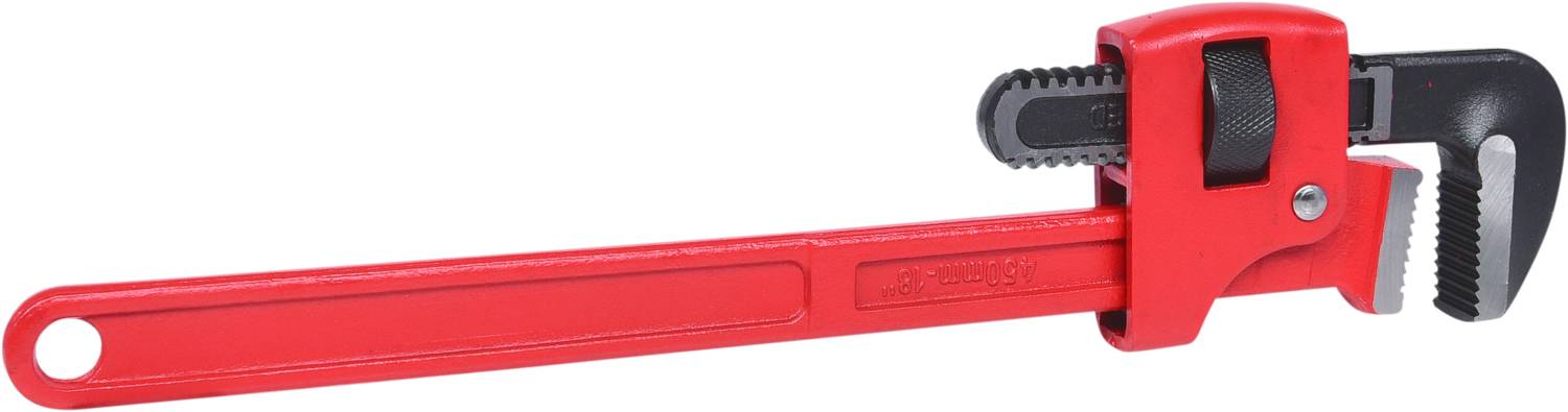 Rote Rohrzange mit verstellbarem Kiefer, geeignet für Arbeiten an Rohren und Fittings.