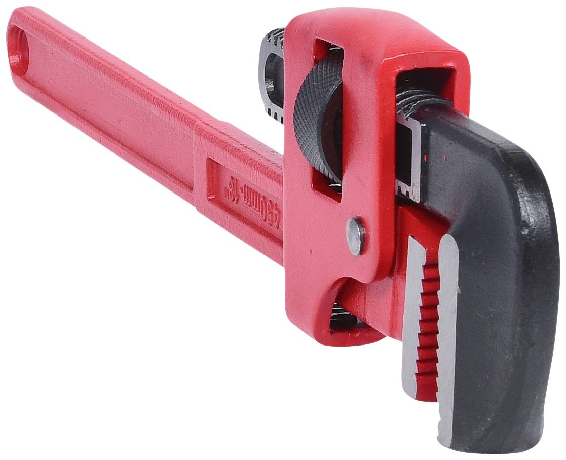 Ein roter Rohrschlüssel mit verstellbarem Kopf und gezahnten Backen, verwendet zum Greifen und Drehen von Rohren oder runden Objekten.