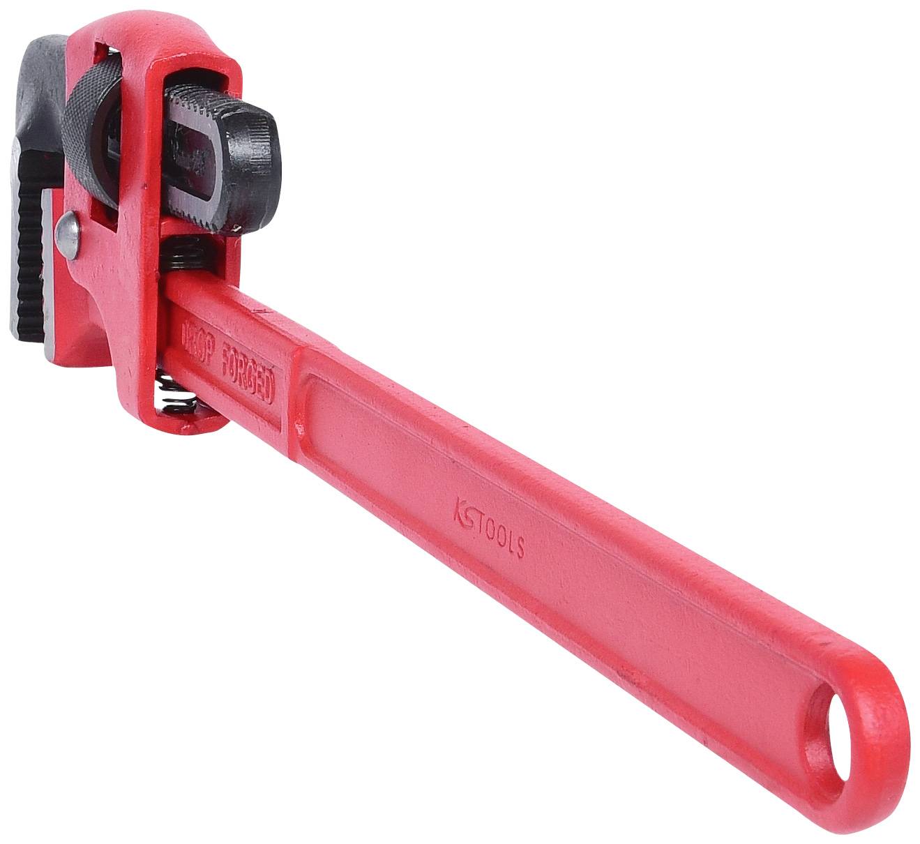 Rote Rohrzange auf weißem Hintergrund, aus Metall. Verwendet für Sanitärarbeiten zum Greifen und Drehen von Rohren.