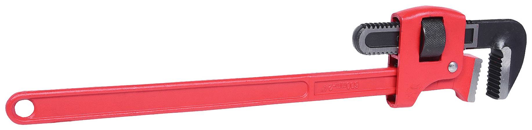 Rote Rohrzange mit langem Griff und verstellbarem Kopf, geeignet für Rohrarbeiten.