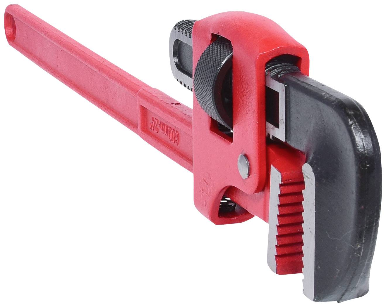 Rote Rohrzange mit einstellbarem Kopf und gezackten Backen, die zum Greifen und Drehen von Rohren verwendet wird.