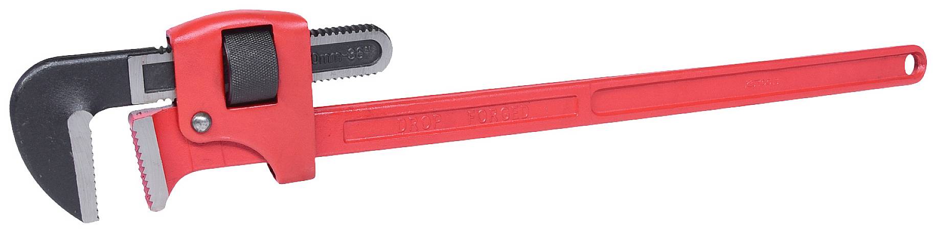 Ein großer, roter Rohrschlüssel aus Metall mit gezacktem Kiefer und langem Griff, geeignet für Rohrinstallationsarbeiten.