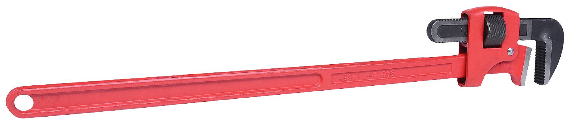Rote Rohrzange mit langem Griff, geeignet zum Greifen und Drehen von Rohren in Installationsarbeiten.