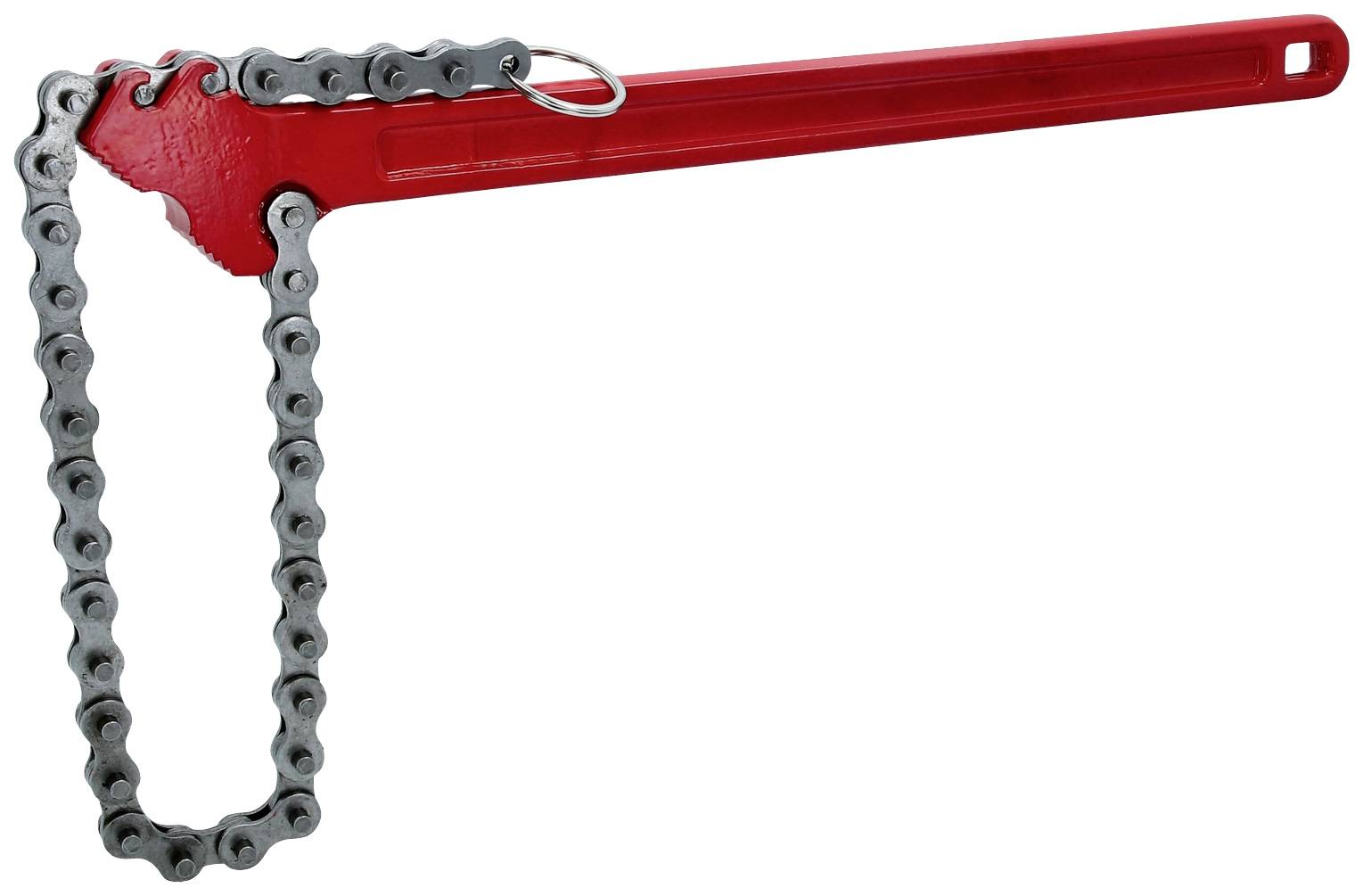 Rote Kettenrohrzange mit Metallkette, die zum Festziehen oder Lösen von runden Gegenständen, wie Rohren, verwendet wird.