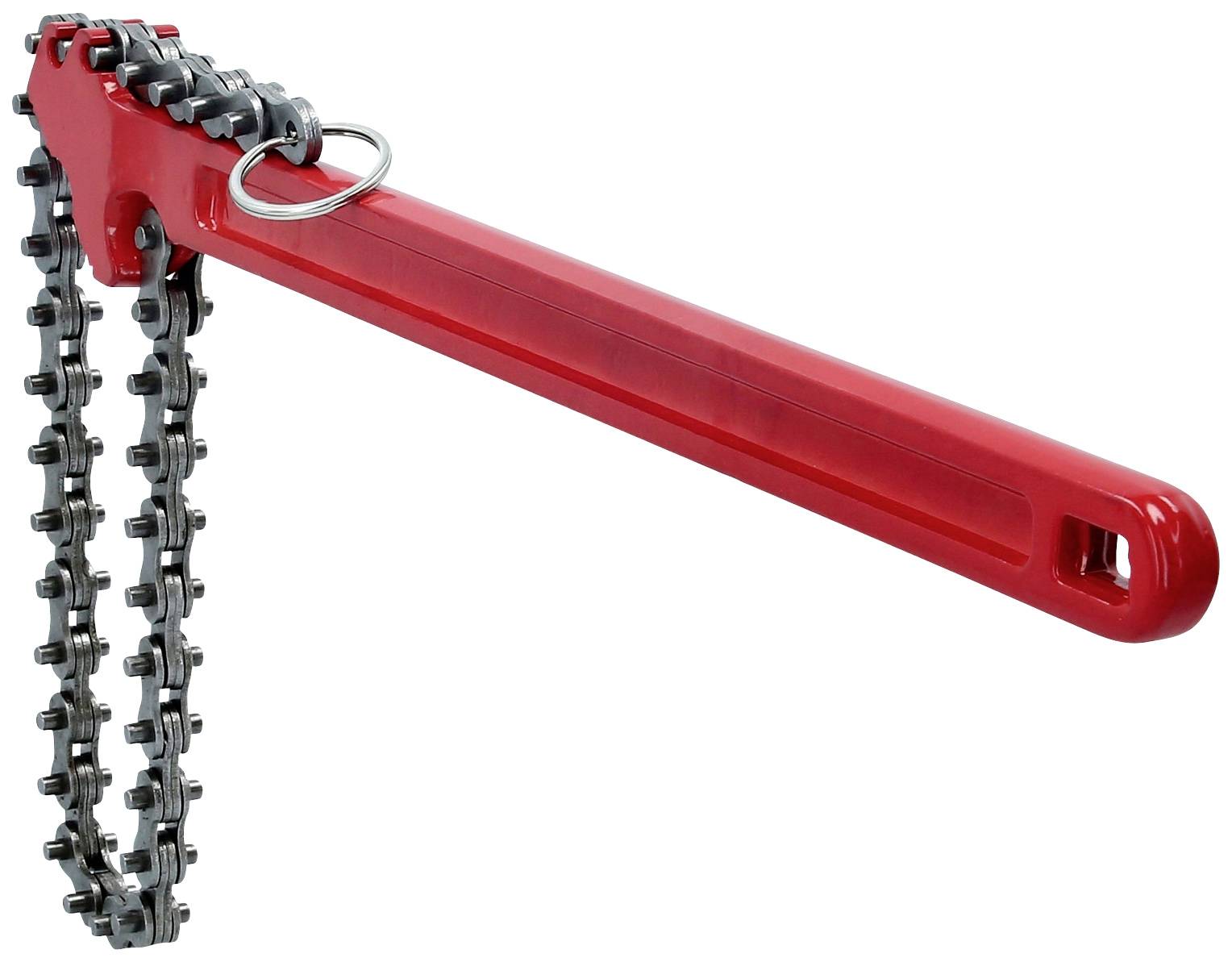 Ein roter Kettenschlüssel mit einer Metallkette, oft verwendet, um Muttern an Rohren festzuziehen oder zu lösen.